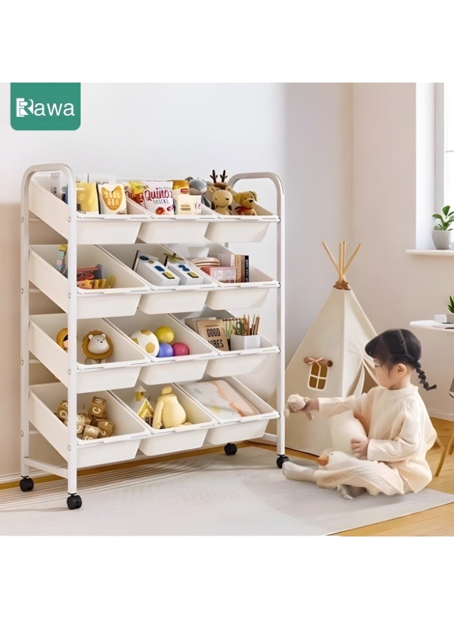 Rawa This 4-tiered toy storage unit features 12 removable compartments, making it suitable both as a bookshelf for young children and a toy organizer. This modern-style toy rack is perfect for use in children’s bedrooms, playrooms, and nurseries. - Image 1